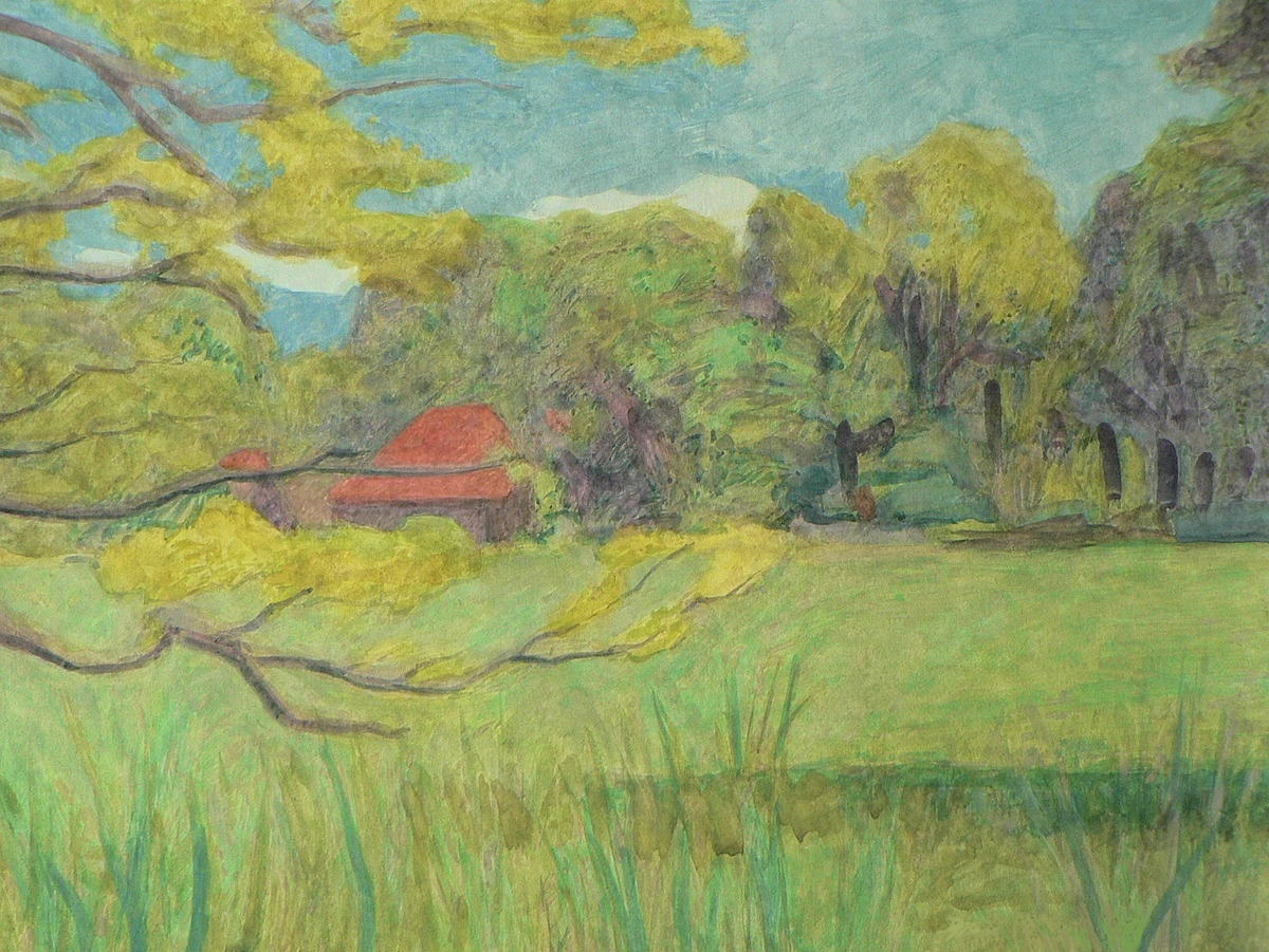 Pejzaż widziany w drogi pieszej, gwasz, mal. RK